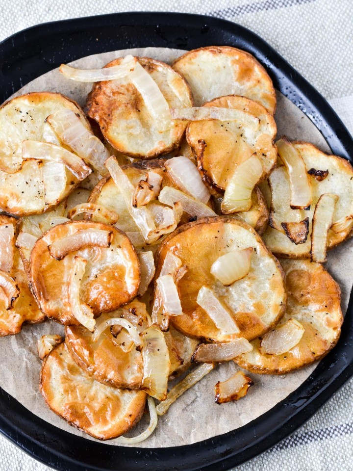Air Fryer Potato Slices with onions.