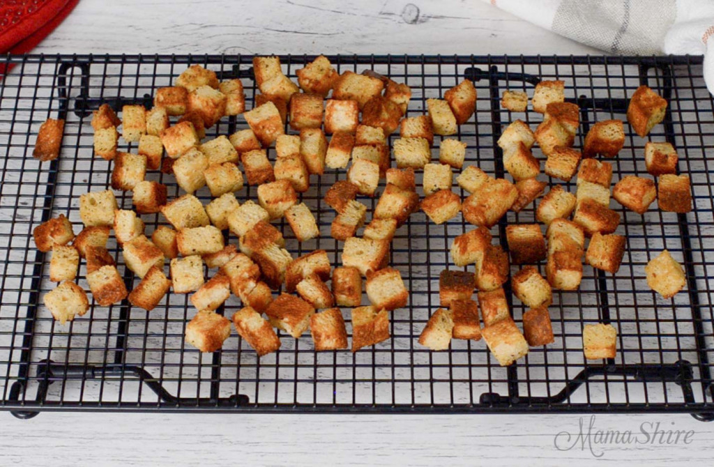 Homemade croutons made from gluten-free bread.