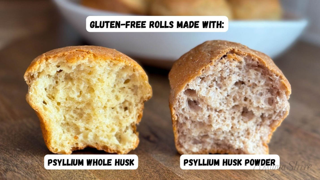 Two gluten-free rolls that have been pulled in half so the inside can be seen. One roll was baked with psyllium whole husk and one was baked with psyllium husk powder. 