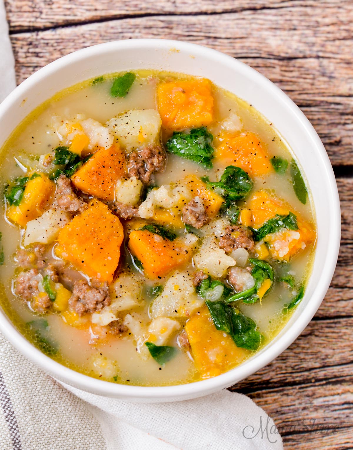 A delicious bowl of beef & sweet potato chowder.
