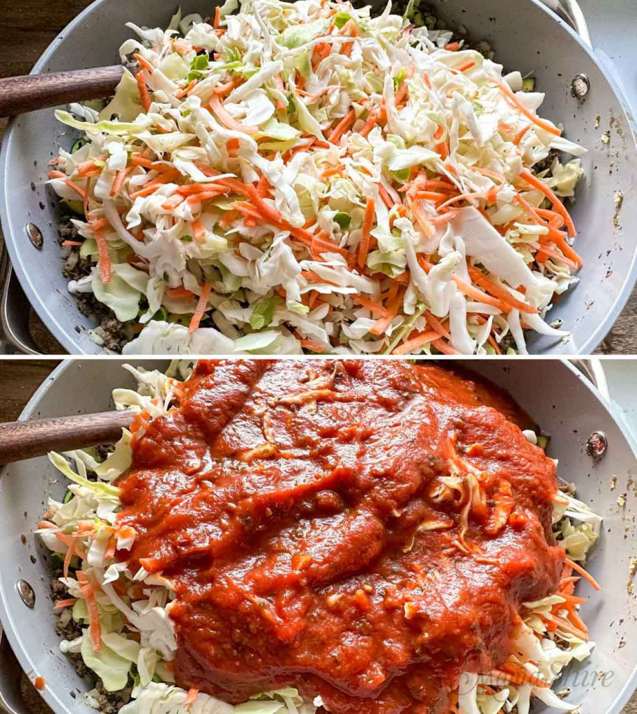 Adding coleslaw and spaghetti sauce to the beef and veggies.