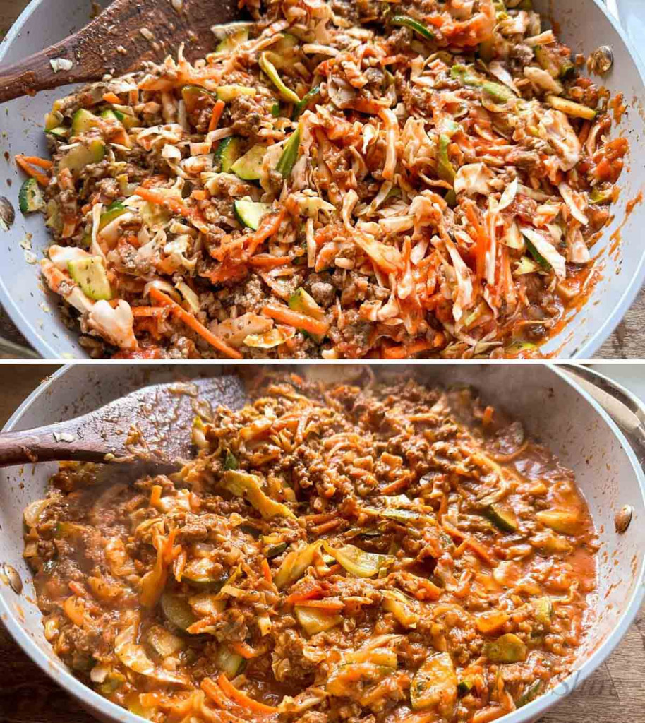 Steps in cooking the ground beef and cabbage.