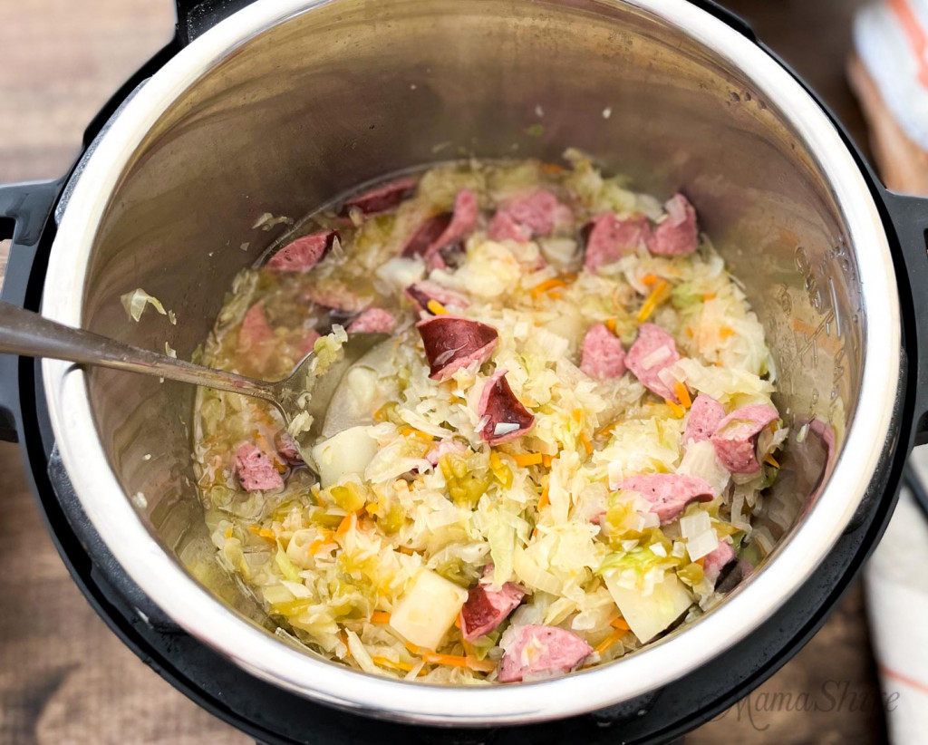 An easy dinner of cabbage and sausage made in an Instant Pot. 