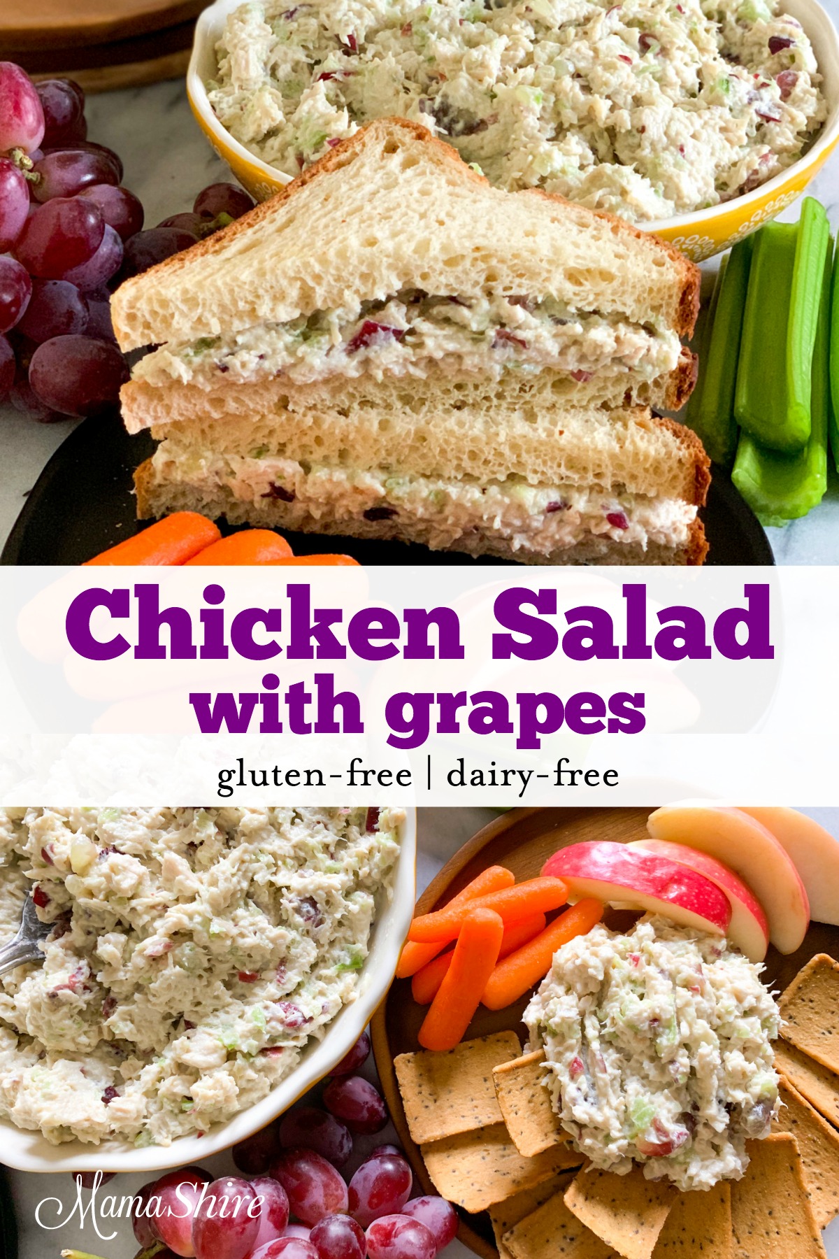 Gluten-Free chicken salad with grapes in a sandwich and a dip. 