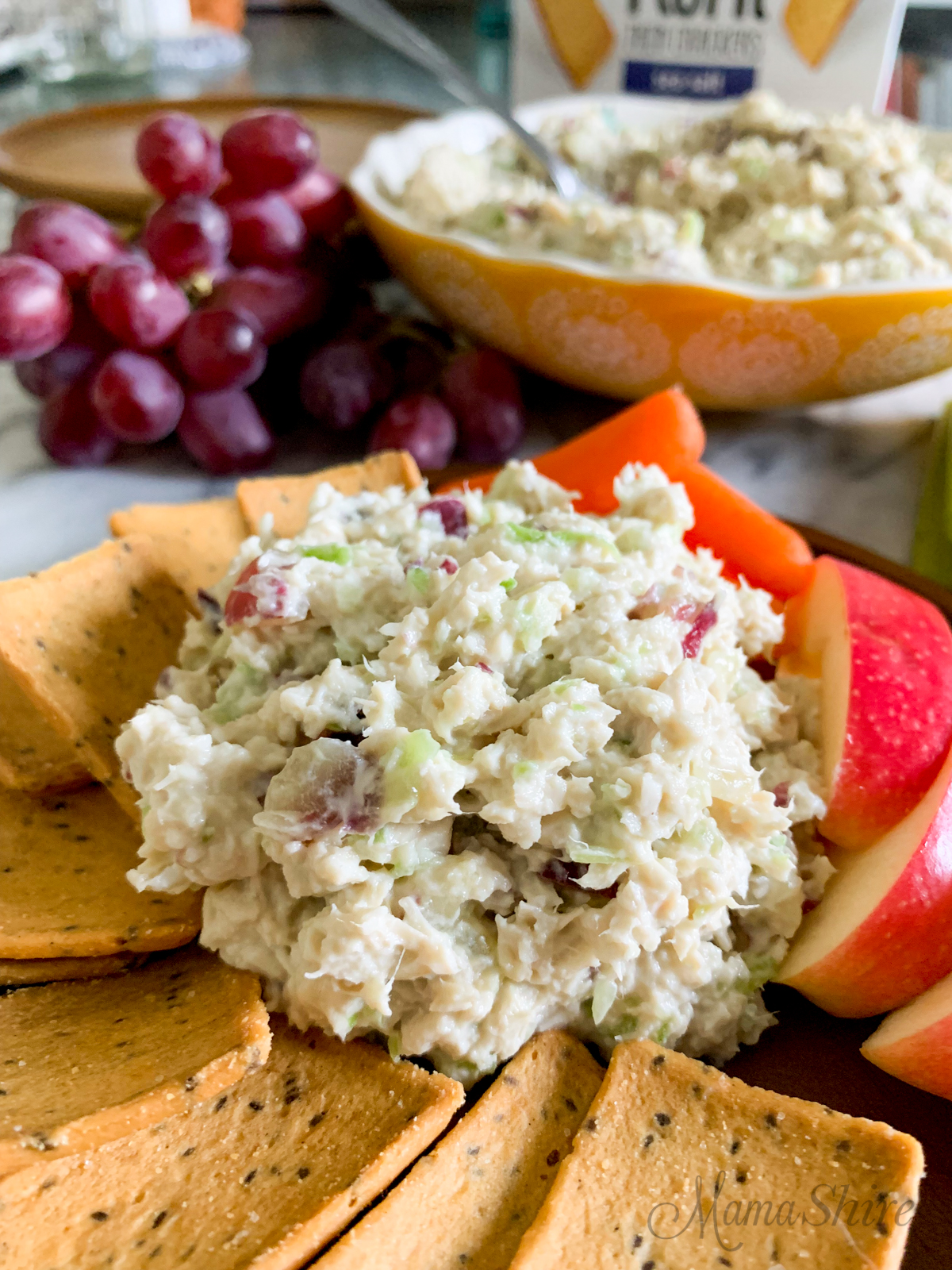 Chicken salad made with grapes and celery. 