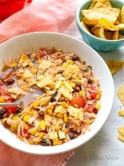 Chicken Taco Soup with salsa verde and tortilla chips.