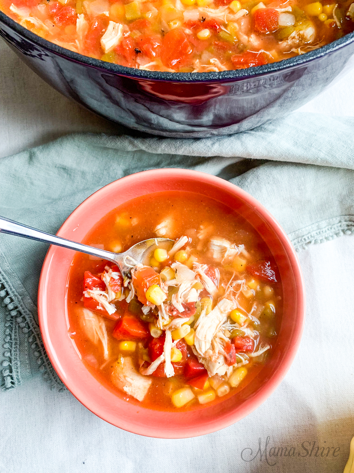 Tasty and satisfying chicken tortilla soup in a lovely coral bowl. 