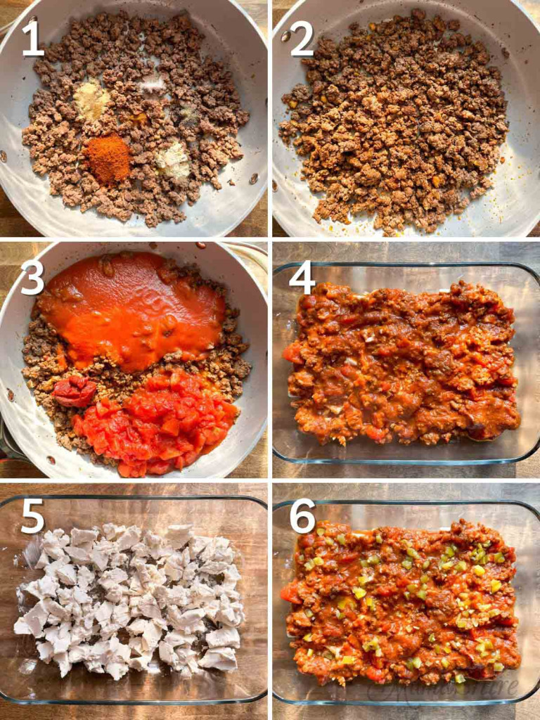 Step by step pictures showing how to make chili cheese dip.