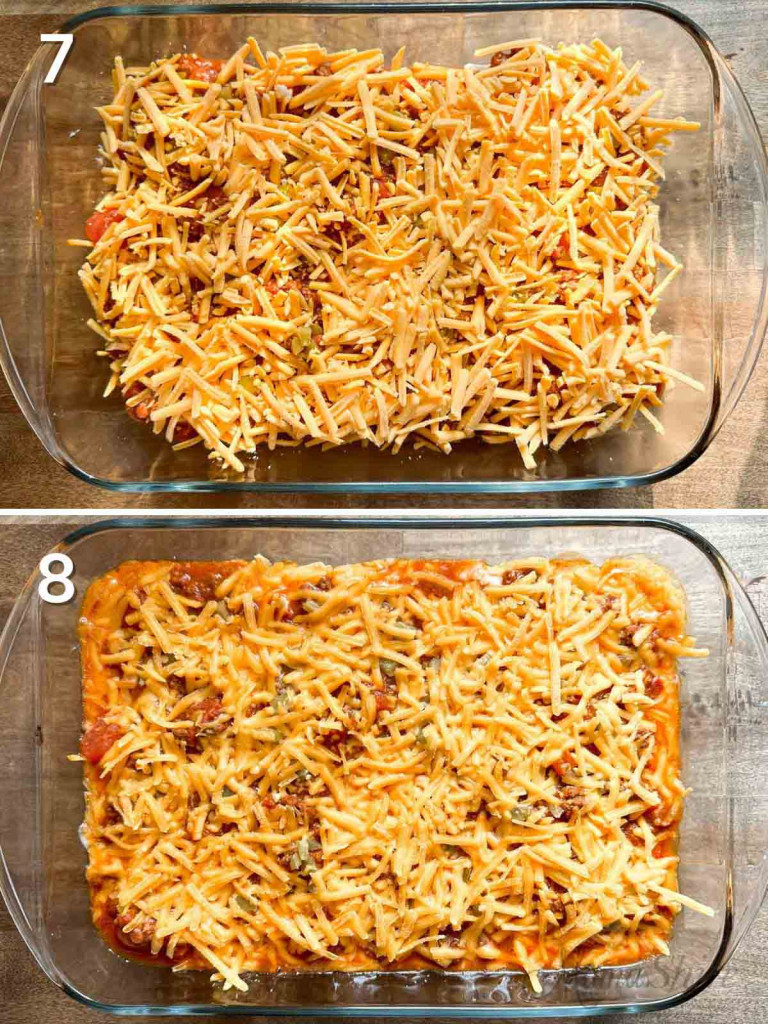 Two pictures showing the steps on how to make chili cream cheese dip with dairy-free cheddar cheese spread over the top. 