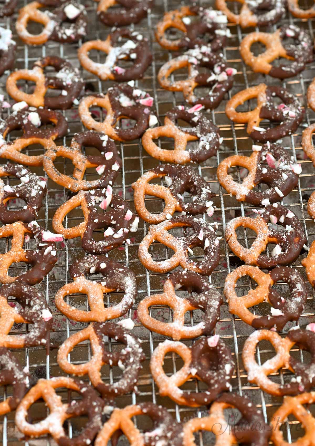Chocolate Peppermint Pretzels on a wire rack. 