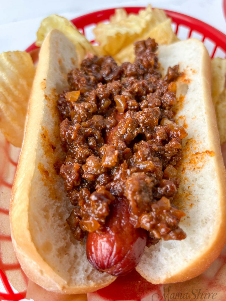 A delicious meat sauce over a gluten-free hot dog to make a coney dog.