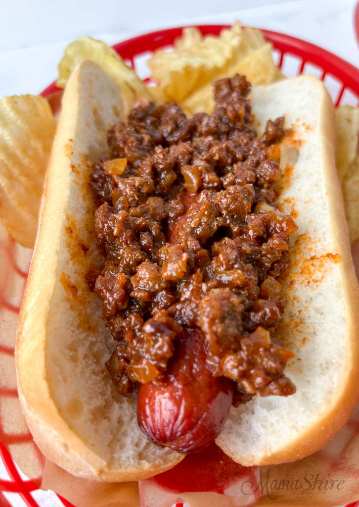 A delicious meat sauce over a gluten-free hot dog to make a coney dog.
