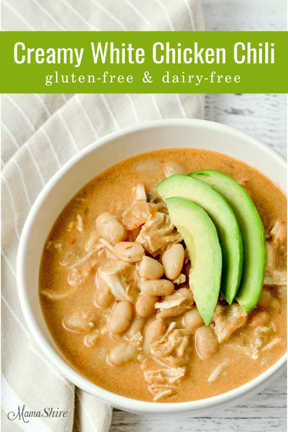 A bowl of gluten-free and dairy-free white chicken chili.