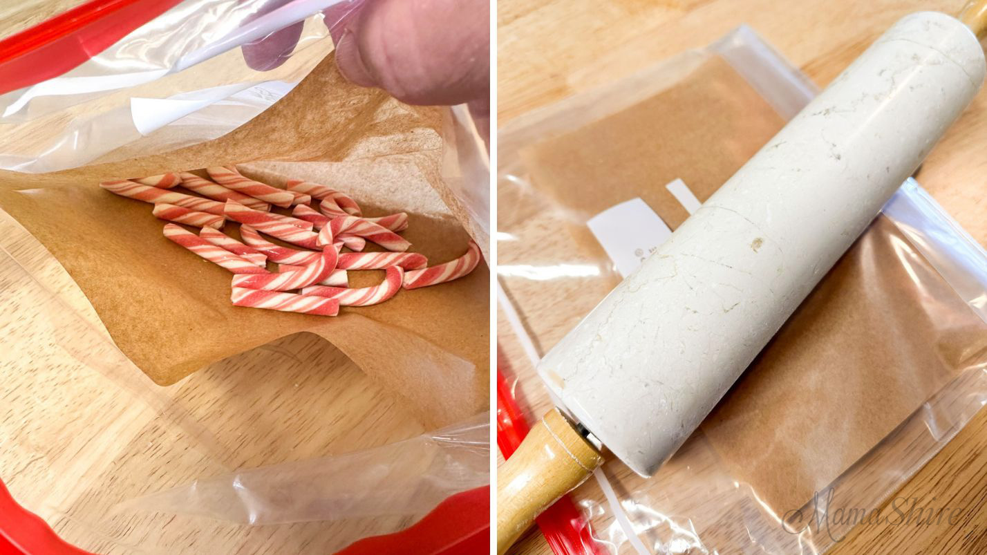 How to crush candy canes with a rolling pin.