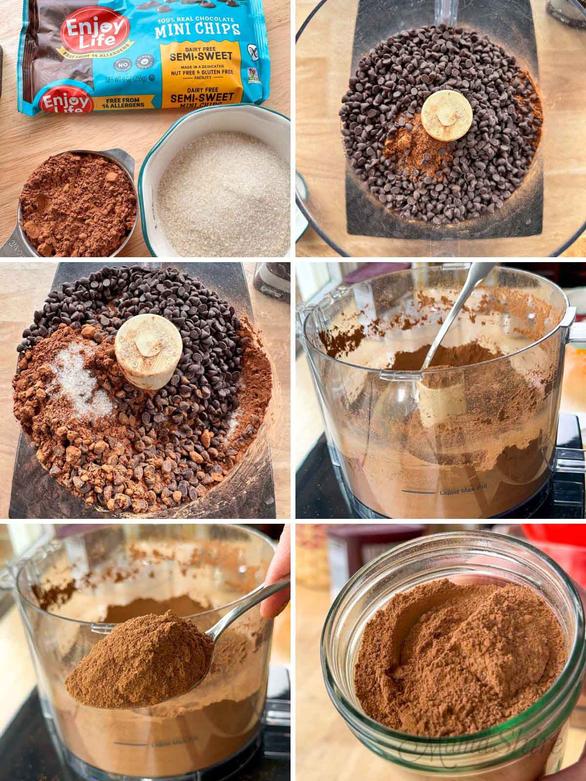 Six pictures showing the  steps in making dairy-free hot chocolate mix.