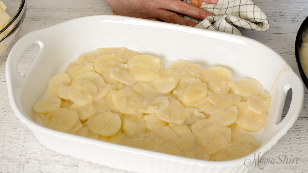 Layering potato slices and white sauce.