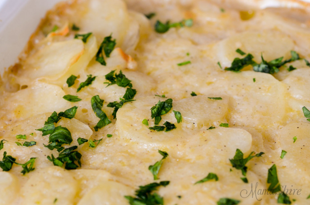 Thinly sliced potatoes baked in a creamy dairy-free roux.