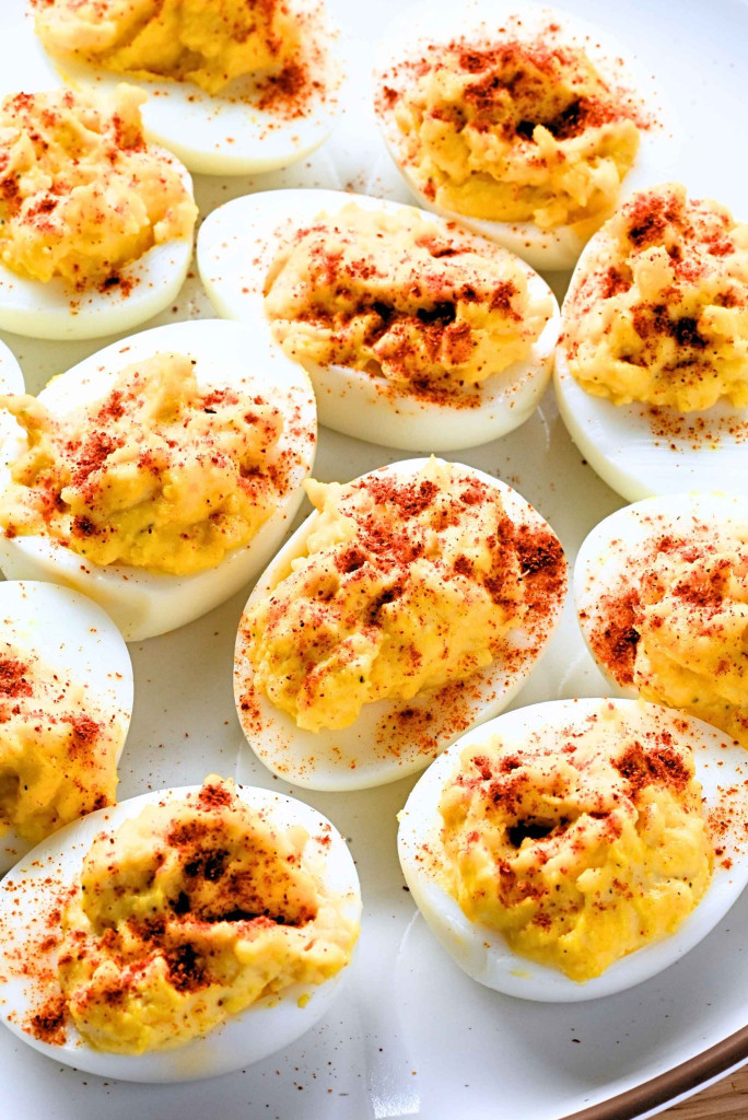 A platter of deviled eggs. 
