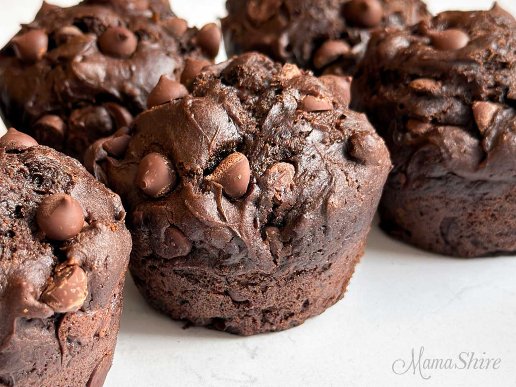 A closeup of a gluten-free double chocolate muffins with chocolate chips.