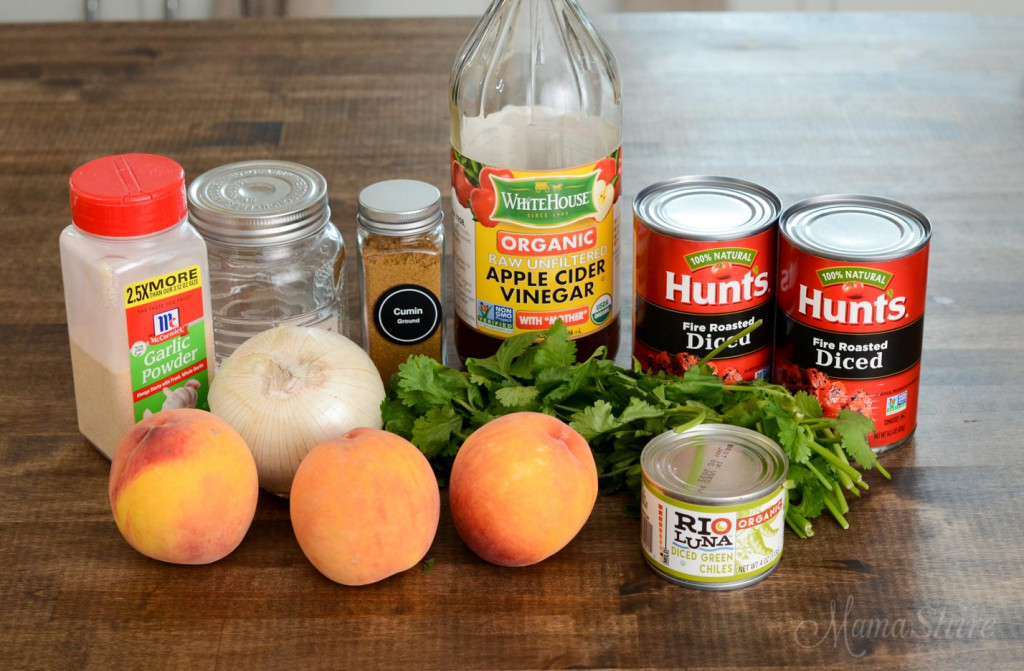 Ingredients lined up that go into peach salsa.