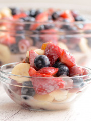 A serving of fruit mixed with yogurt from an easy fruit salad recipe.