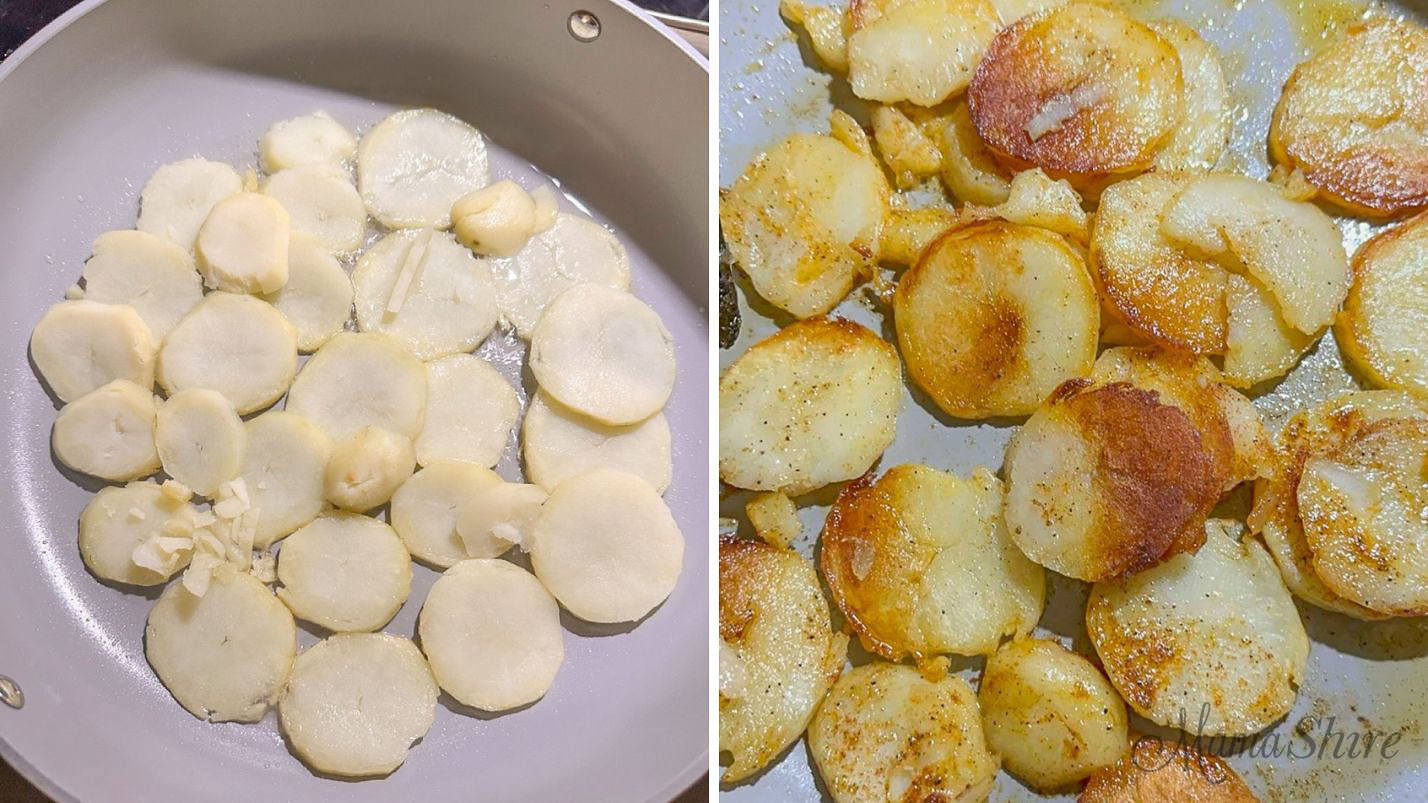 Frying potatoes that had been previously cooked and then chilled.