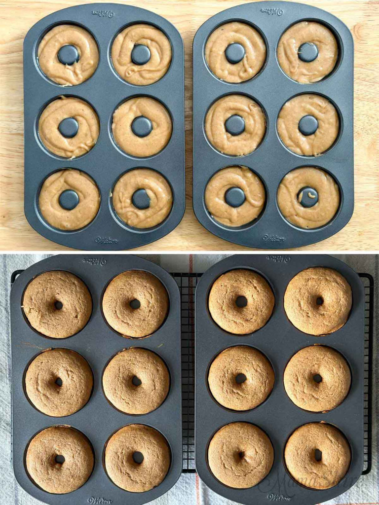 Donut pans with the batter for gluten-free donuts and then freshly baked. 