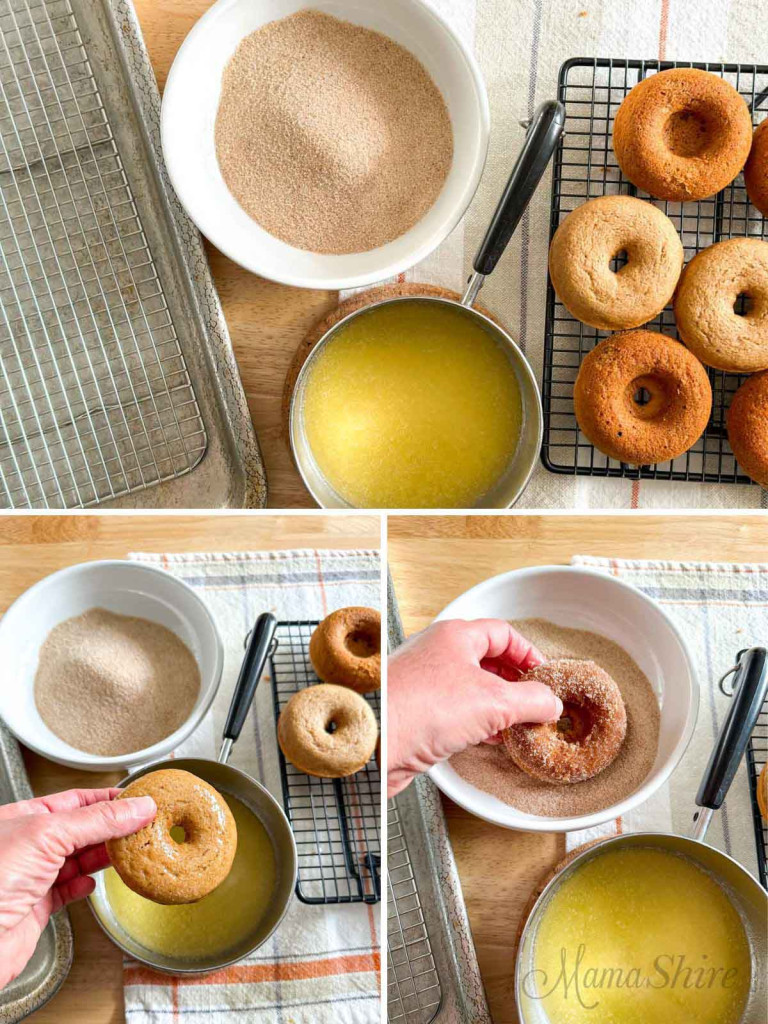 Steps showing how to dip the donuts in dairy-free butter and then cinnamon sugar. 