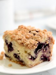Blueberries and cinnamon streusel topping in a gluten-free coffee cake.