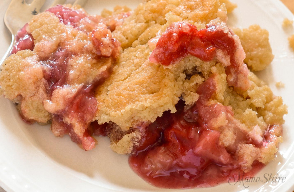 Close up of a fruity dump cake.