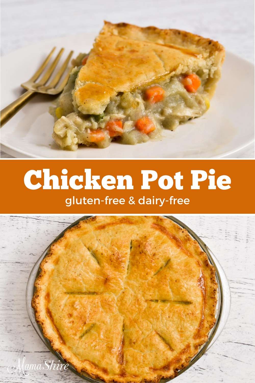 A serving of homemade chicken pot pie in the top picture and a whole chicken pot pie in the bottom.