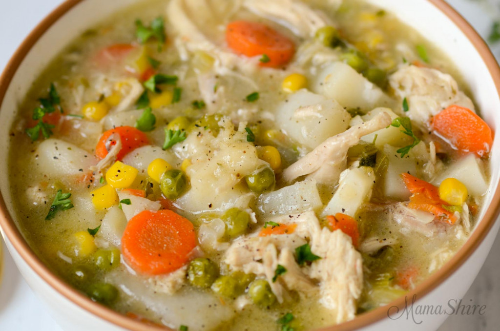 A soup bowl with homemade gluten-free chicken pot pie soup.