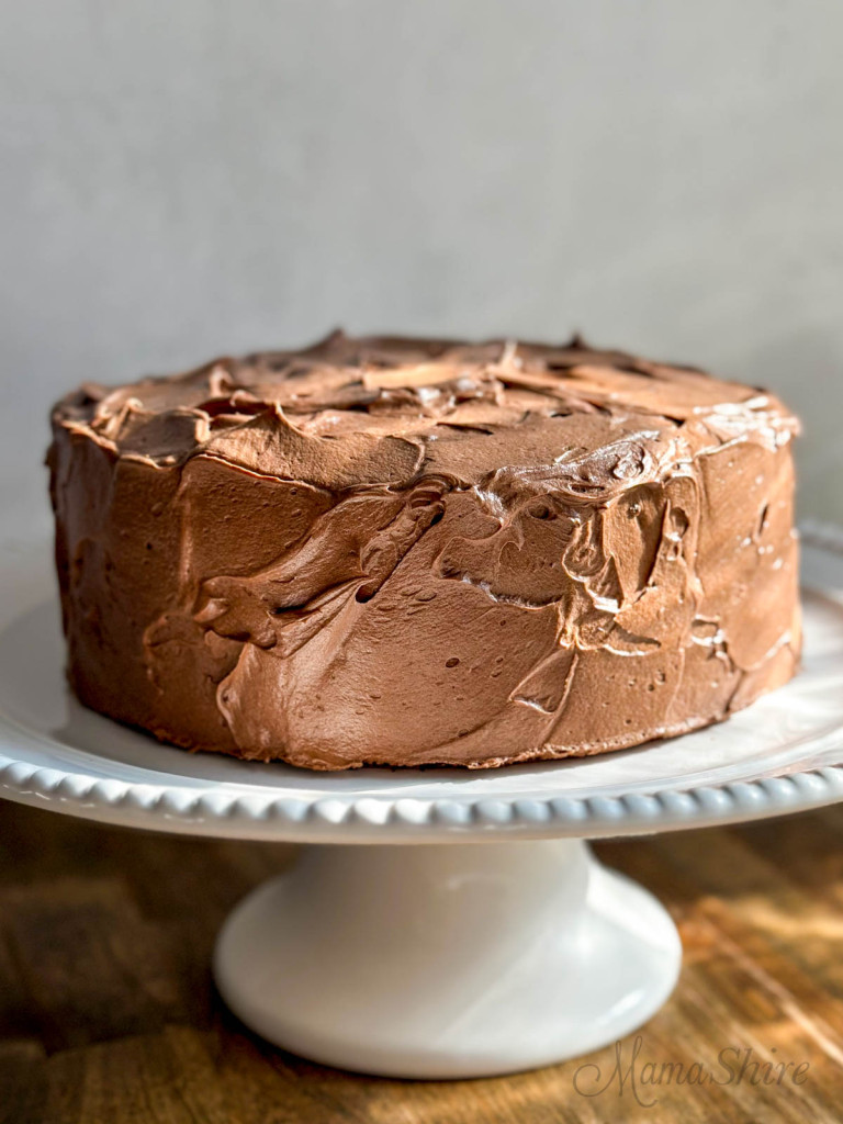 A frosted gluten-free and dairy-free chocolate cake on a white cake platter.