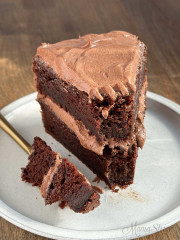 A slice of double layer gluten-free chocolate cake.