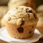 A closeup of a gluten-free chocolate chip muffin.