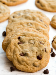 A stack of yummy gluten-free chocolate chip cookies.