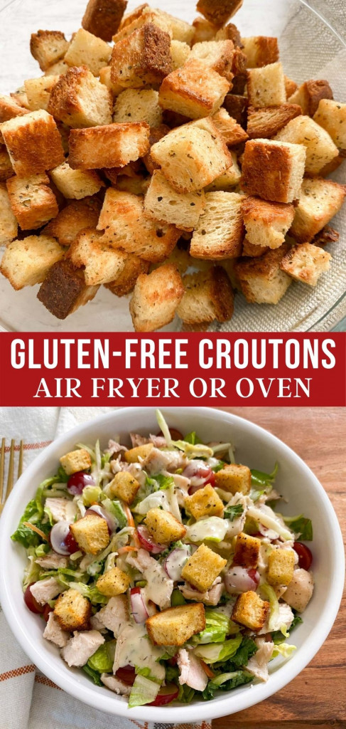 Two pictures: the top one is a bowl of gluten-free croutons and the bottom is with them on top of a salad.