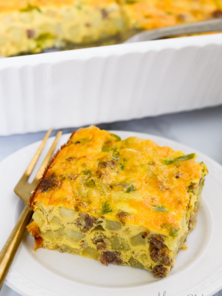 A serving of breakfast casserole made from a gluten-free dairy-free recipe.