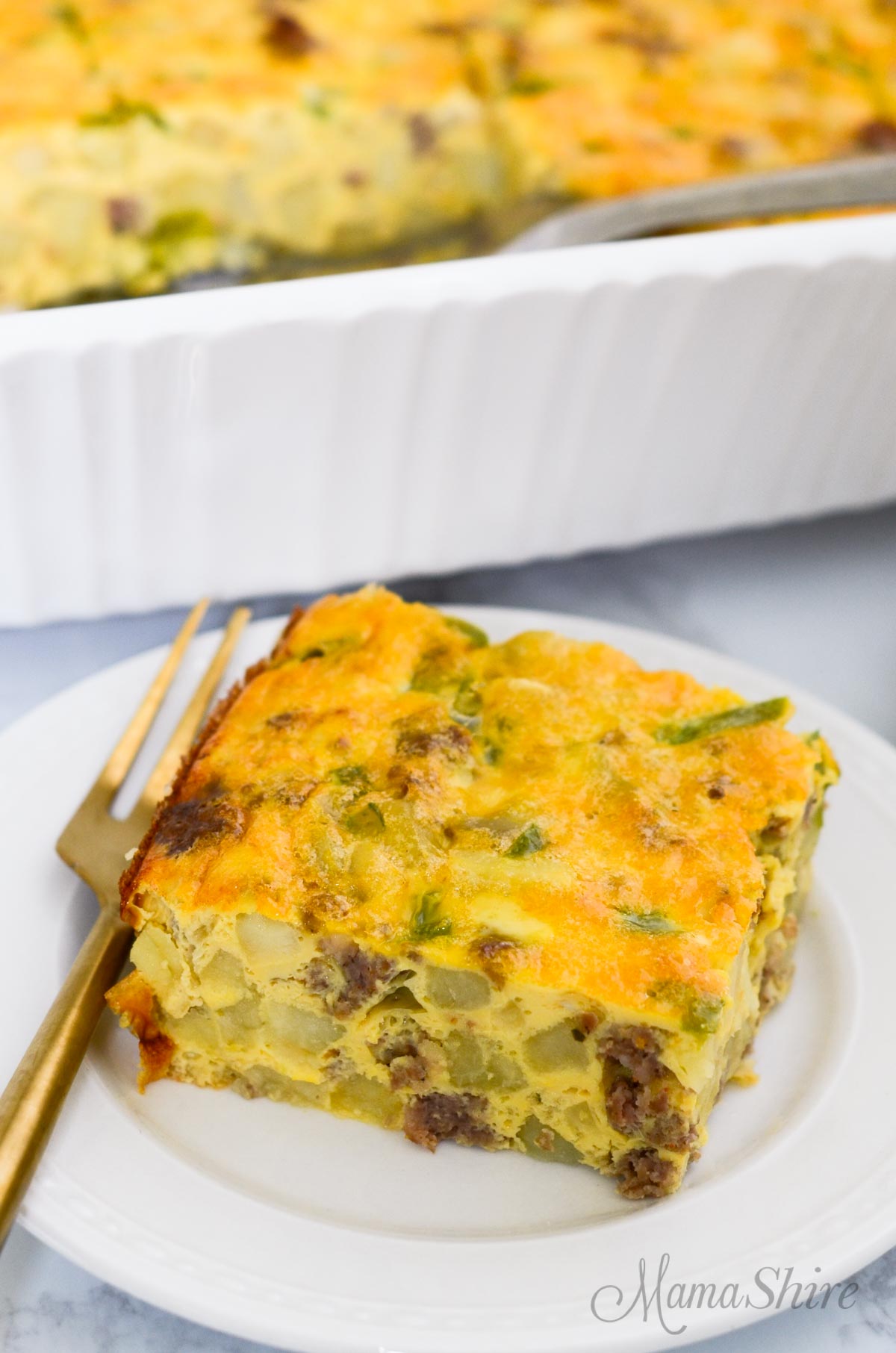 A serving of breakfast casserole made from a gluten-free dairy-free recipe.