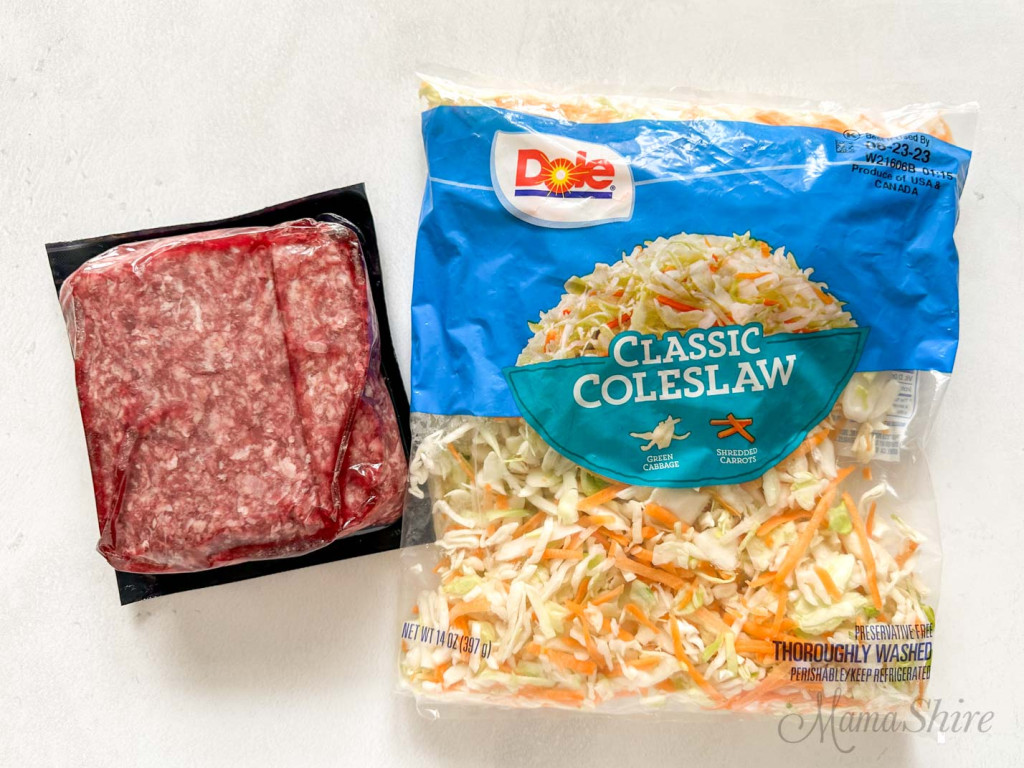 A bag of coleslaw and one pound of ground beef for egg roll in a bowl.