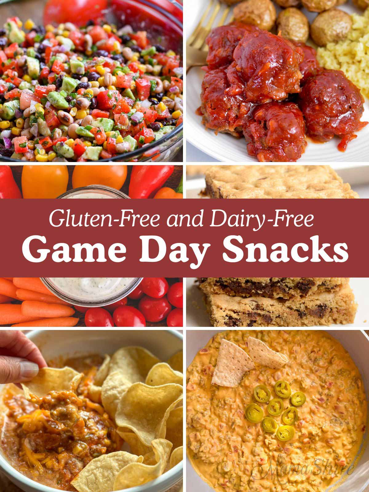 Six different photos showing gluten-free and dairy-free snacks for game day.