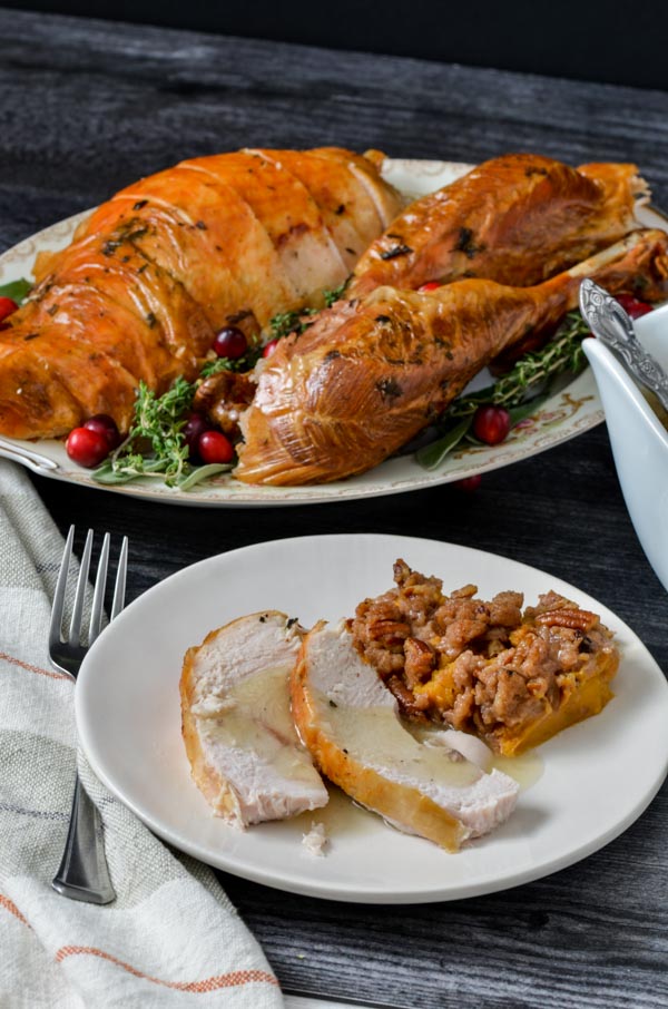 A serving of the most delicious gluten-free herb roasted turkey. 