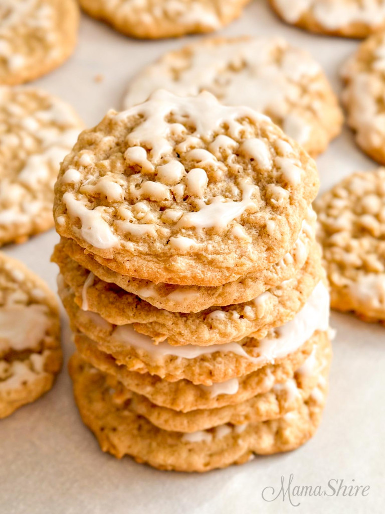 Gluten-free and dairy-free iced oatmeal cookies.