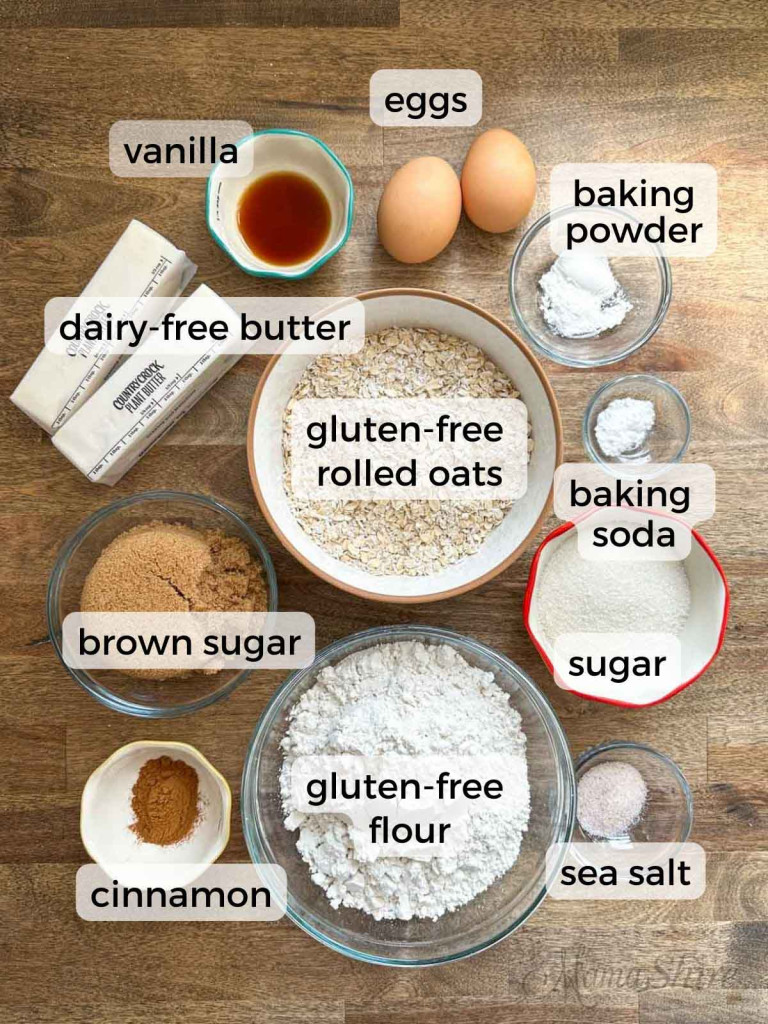 Ingredients for gluten-free iced oatmeal in dishes and labeled. 