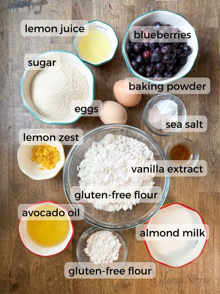 This picture shows the ingredients for gluten-free lemon blueberry bread.