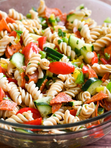 A large bowl of gluten and dairy-free pasta salad.