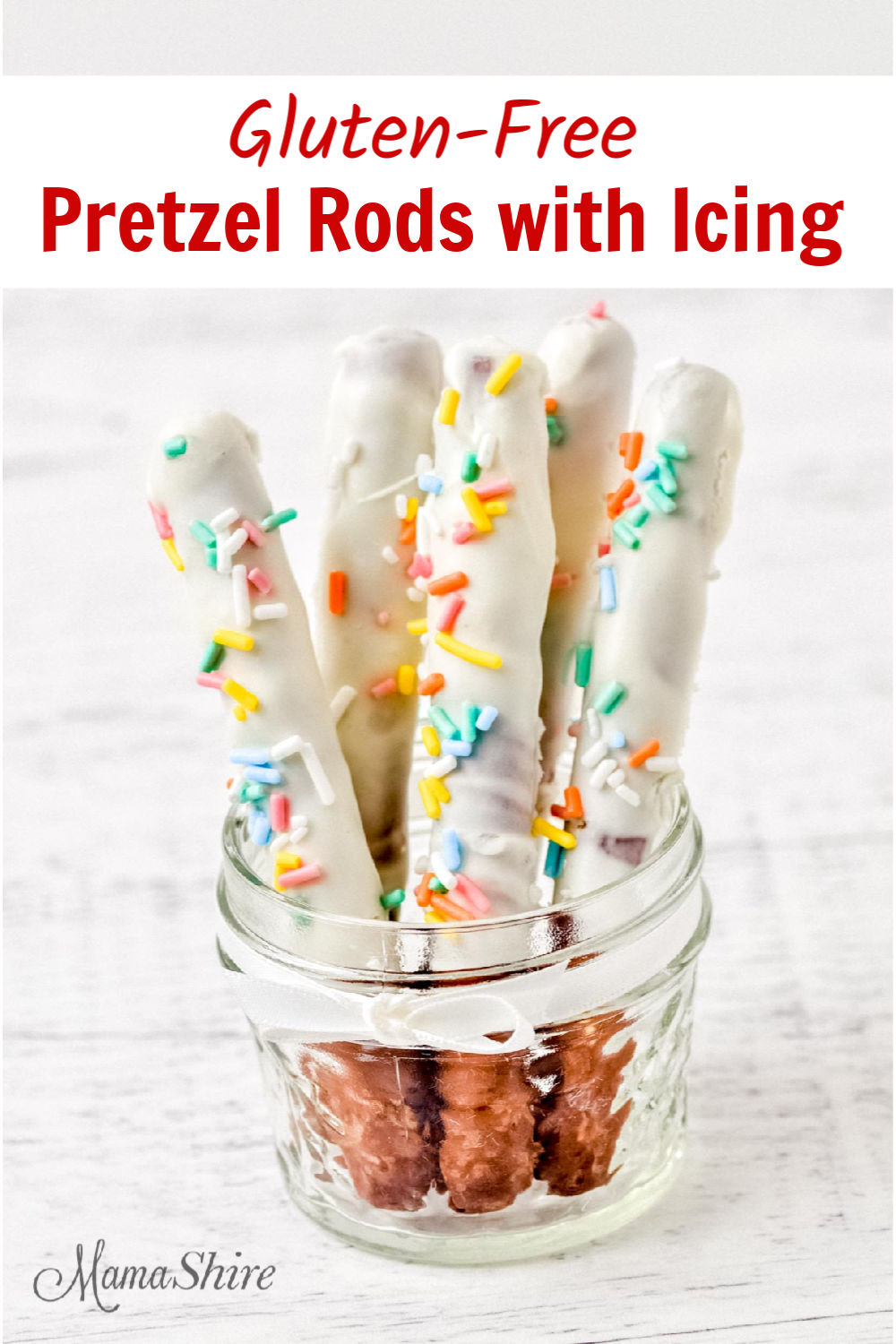 A jar of gluten-free pretzel rods with icing and it's dairy-free.