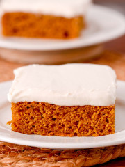 Gluten-free pumpkin bars with a frosting of dairy-free cream cheese.