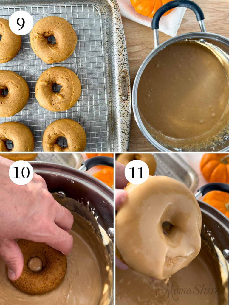 Steps showing how to dip donuts into icing.