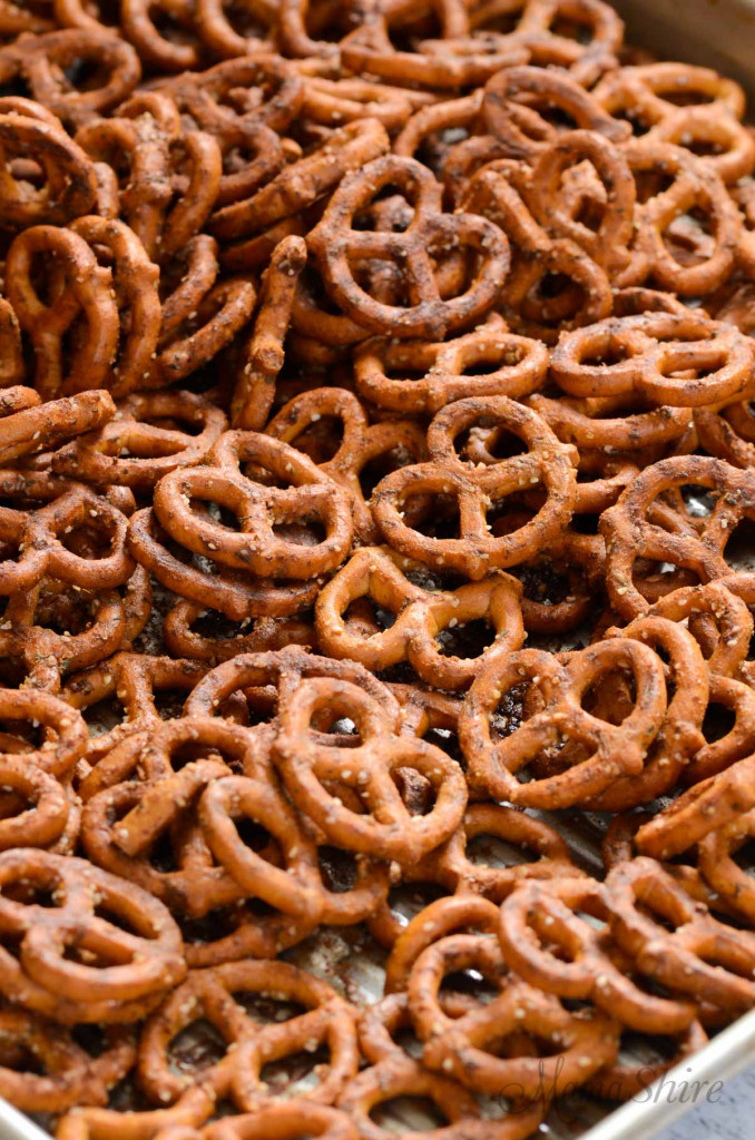 A pan of zesty ranch pretzels.